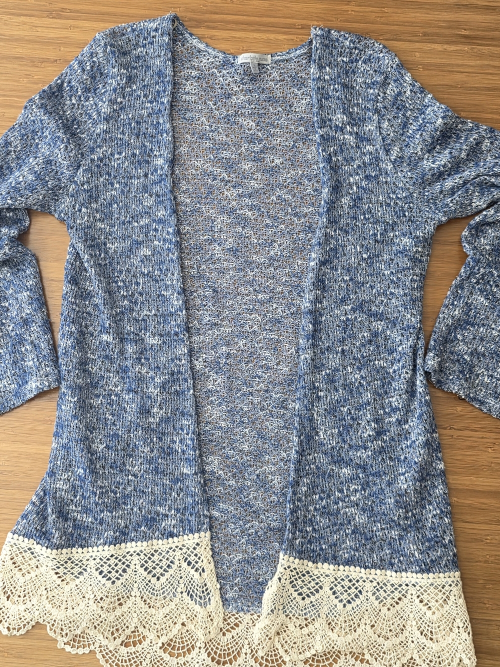 Vintage Charlotte Russe Blue Open-Front Cardigan Cream Lace Hem L Y2K